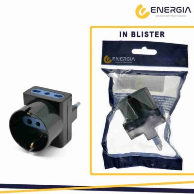 Multipresa Adattatore Triplo con 1 Presa Schuko + 10/16 A 2P+T e 2 Prese Laterali 10/16A 2P+T Bipasso Colore Nero