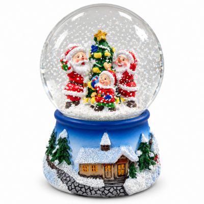 Palla di Neve Natalizia con Babbo Natale e Albero di Natale – Sfera Decorativa con Base Villaggio Innevato
