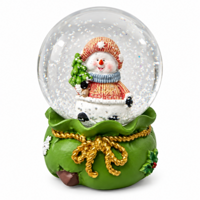 Palla di Neve Natalizia con Pupazzo di Neve e Alberello – Sfera Decorativa con Base Verde e Fiocco Dorato