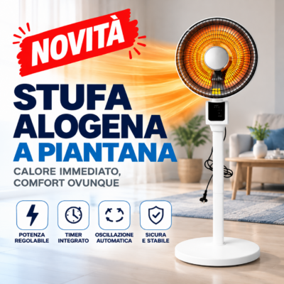 Stufa al Carbonio a Piantana 1000 Watt Oscillante Bianco 2 Livelli Calore Immediato e Comfort Assurdo