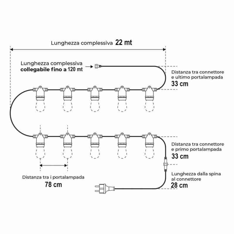 Catenaria di Luci Da Esterno 22 Metri Con 28 Portalampada E27 Bianca - immagine 6